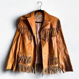 Vintage 70s Cognac Leather Fringe Jacket - Size: S/M